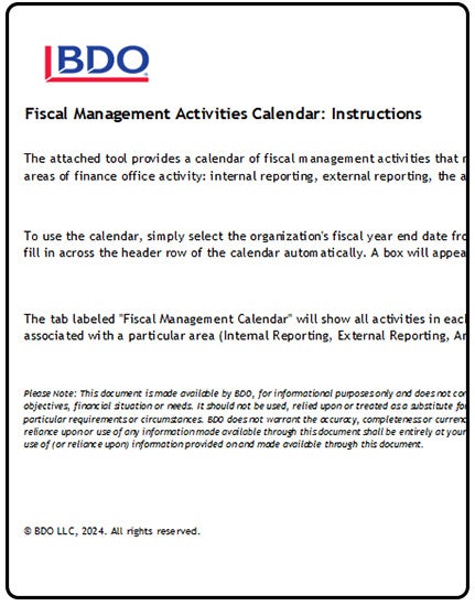 FISCAL MANAGEMENT ACTIVITIES CALENDAR