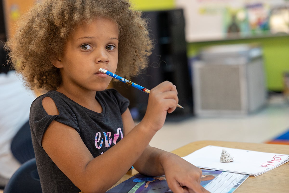 Brown skinned child sitting in class at a desk holding a pencil at a Rochester School